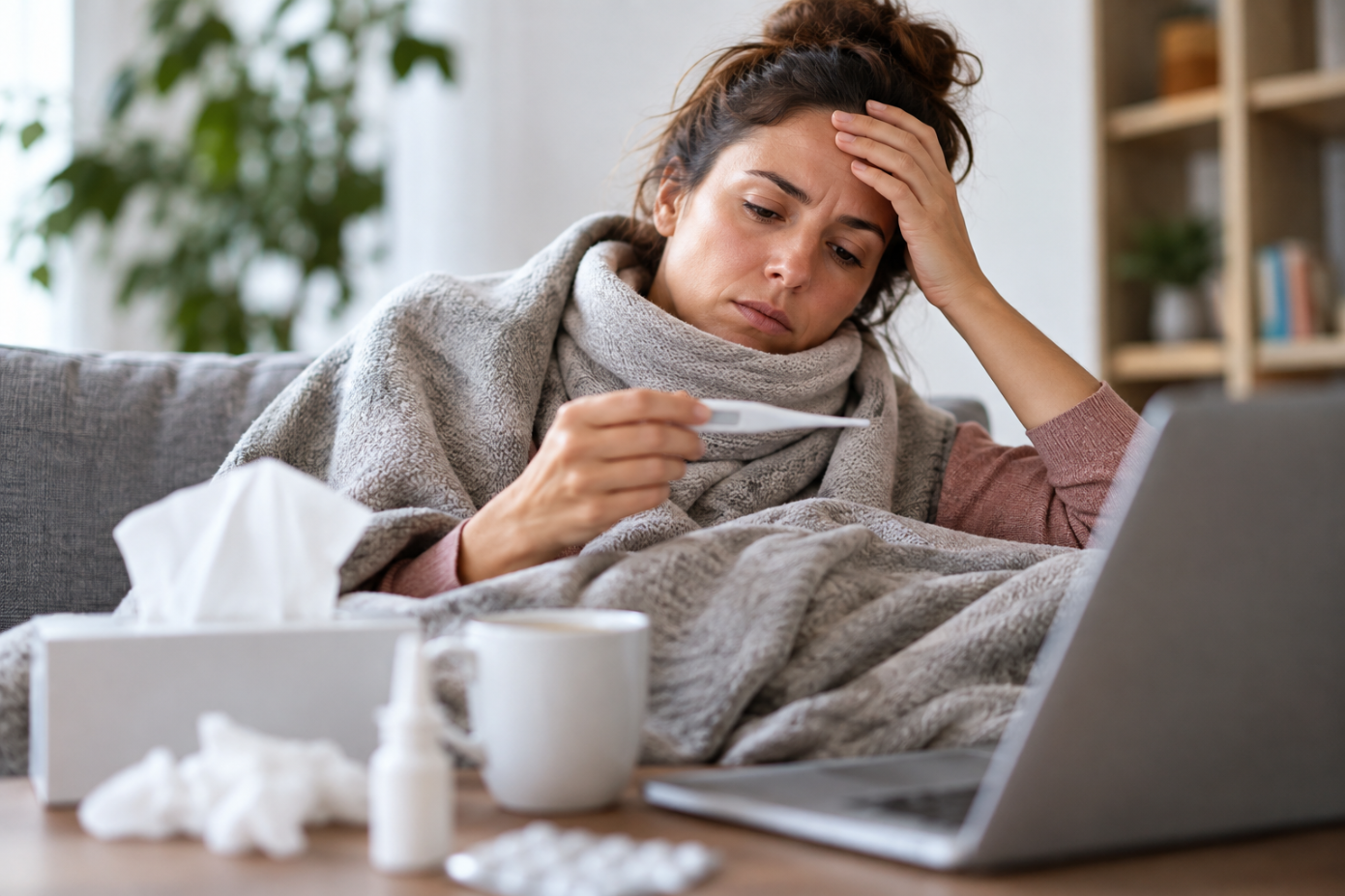 Erkrankte Arbeitnehmerin misst zu Hause ihre Temperatur