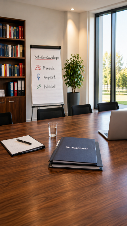 Flipchart mit Betriebsratsschulungen im Seminarraum