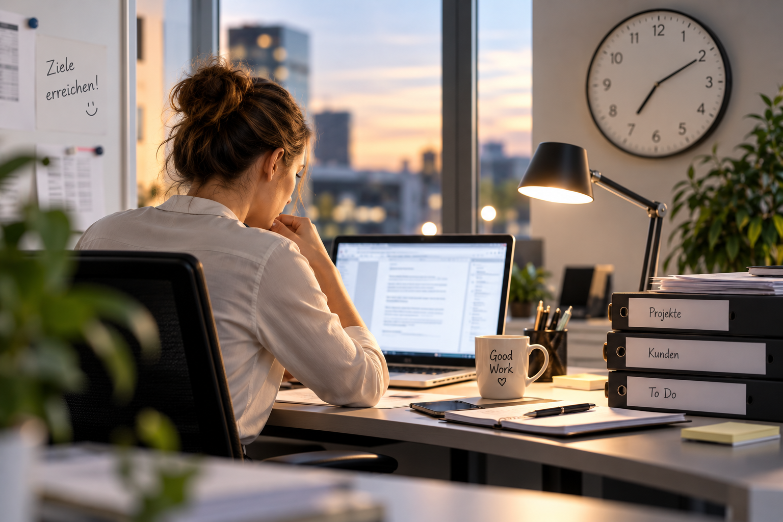 Arbeitnehmerin arbeitet abends am Laptop im Büro – Überstunden
