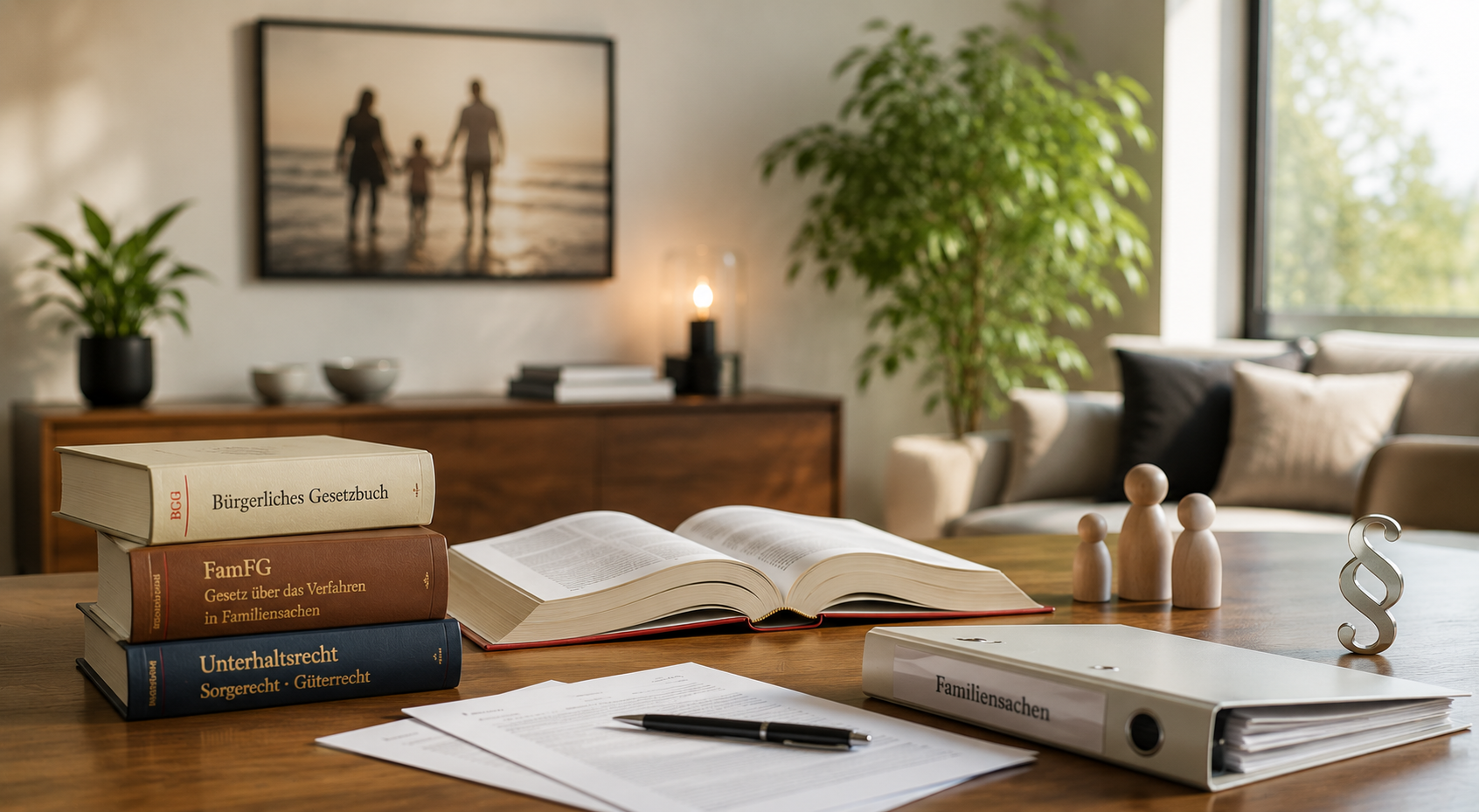 Familienrechtliche Gesetzbücher, Akte Familiensachen und Familienfiguren auf einem Tisch